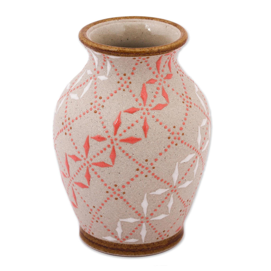 White and Paprika Red Trellis Motif Ceramic Flower Vase - Windmill Terrace