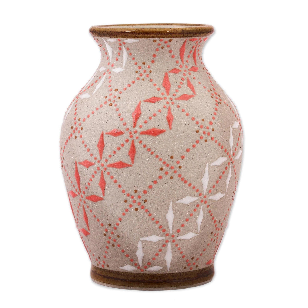 White and Paprika Red Trellis Motif Ceramic Flower Vase - Windmill Terrace