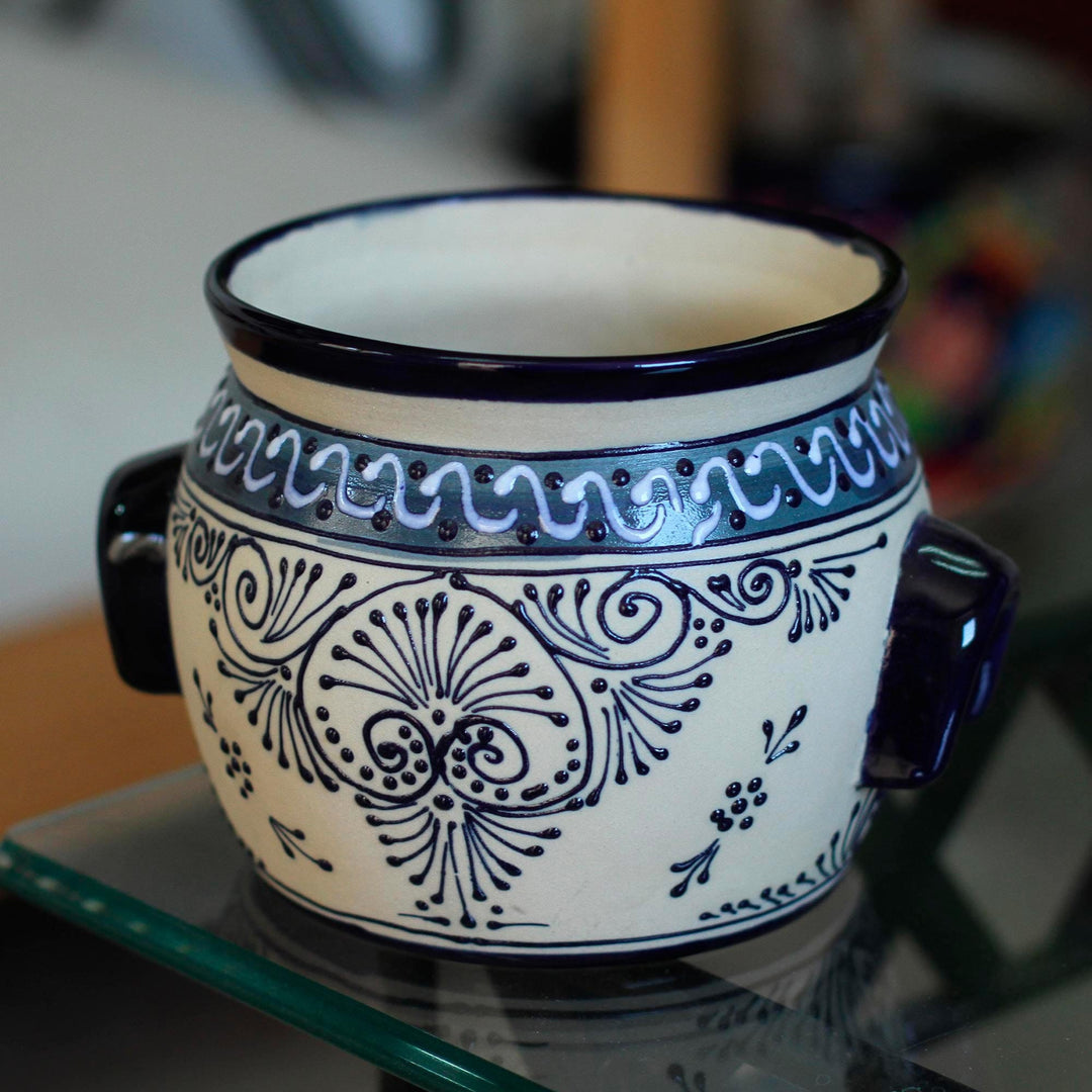 Hand-Painted Talavera Ceramic Flower Pot in Blue from Mexico - Michoacan River
