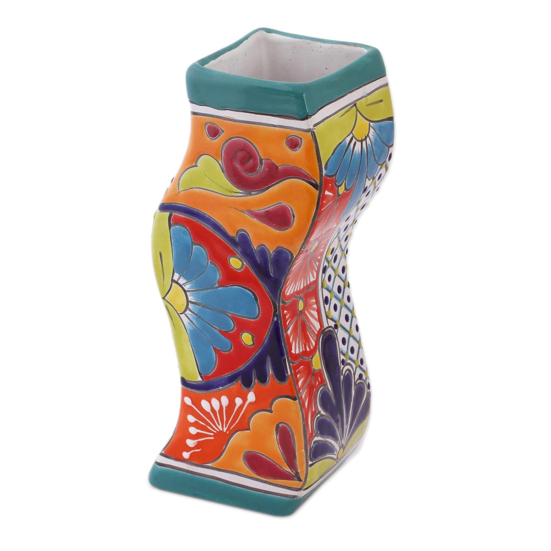 Wavy Talavera-Style Ceramic Floral Vase from Mexico - Wavy Talavera