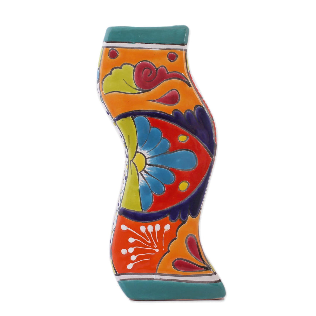 Wavy Talavera-Style Ceramic Floral Vase from Mexico - Wavy Talavera