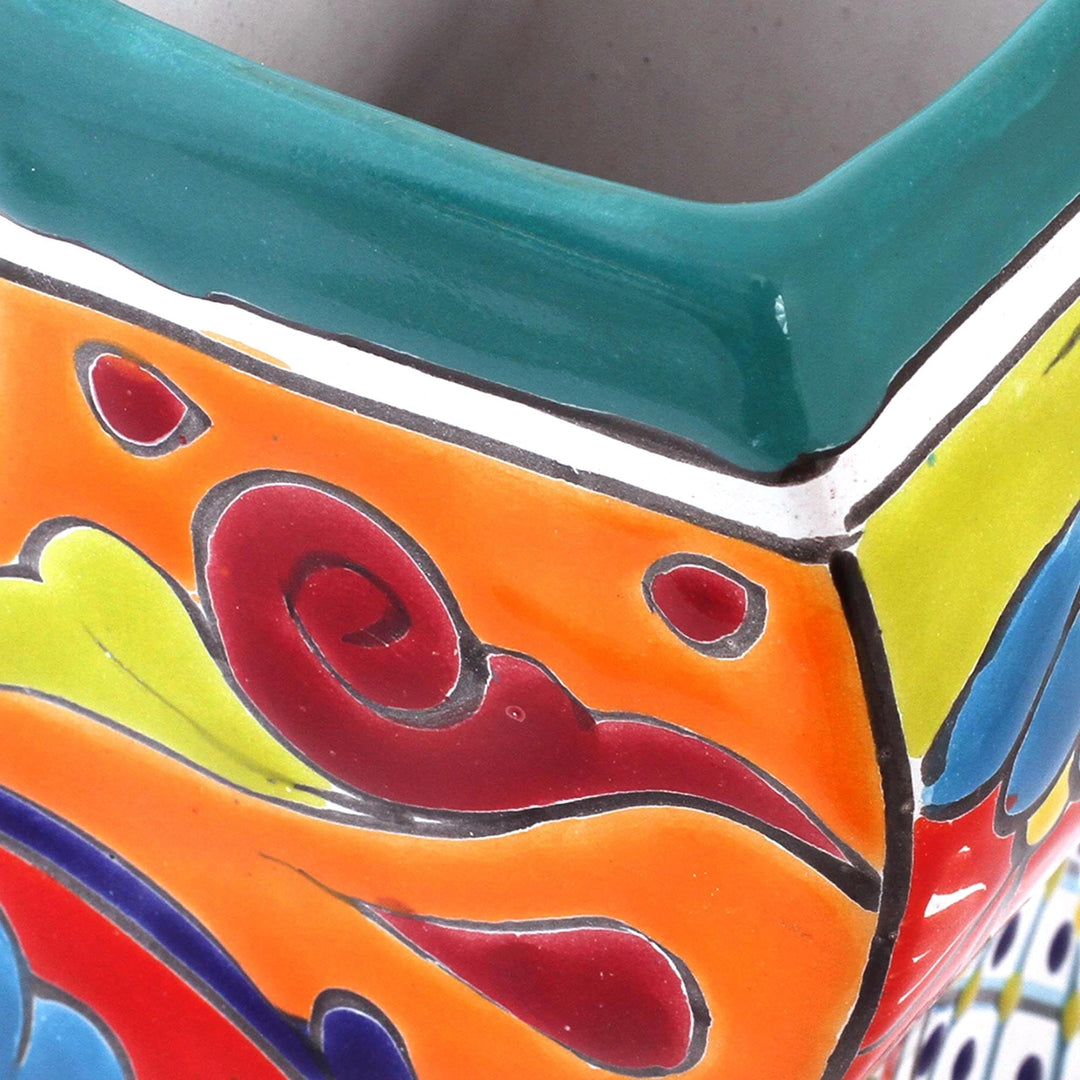 Wavy Talavera-Style Ceramic Floral Vase from Mexico - Wavy Talavera