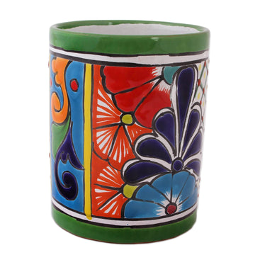 Cylindrical Talavera-Style Ceramic Vase from Mexico - Colorful Bouquet