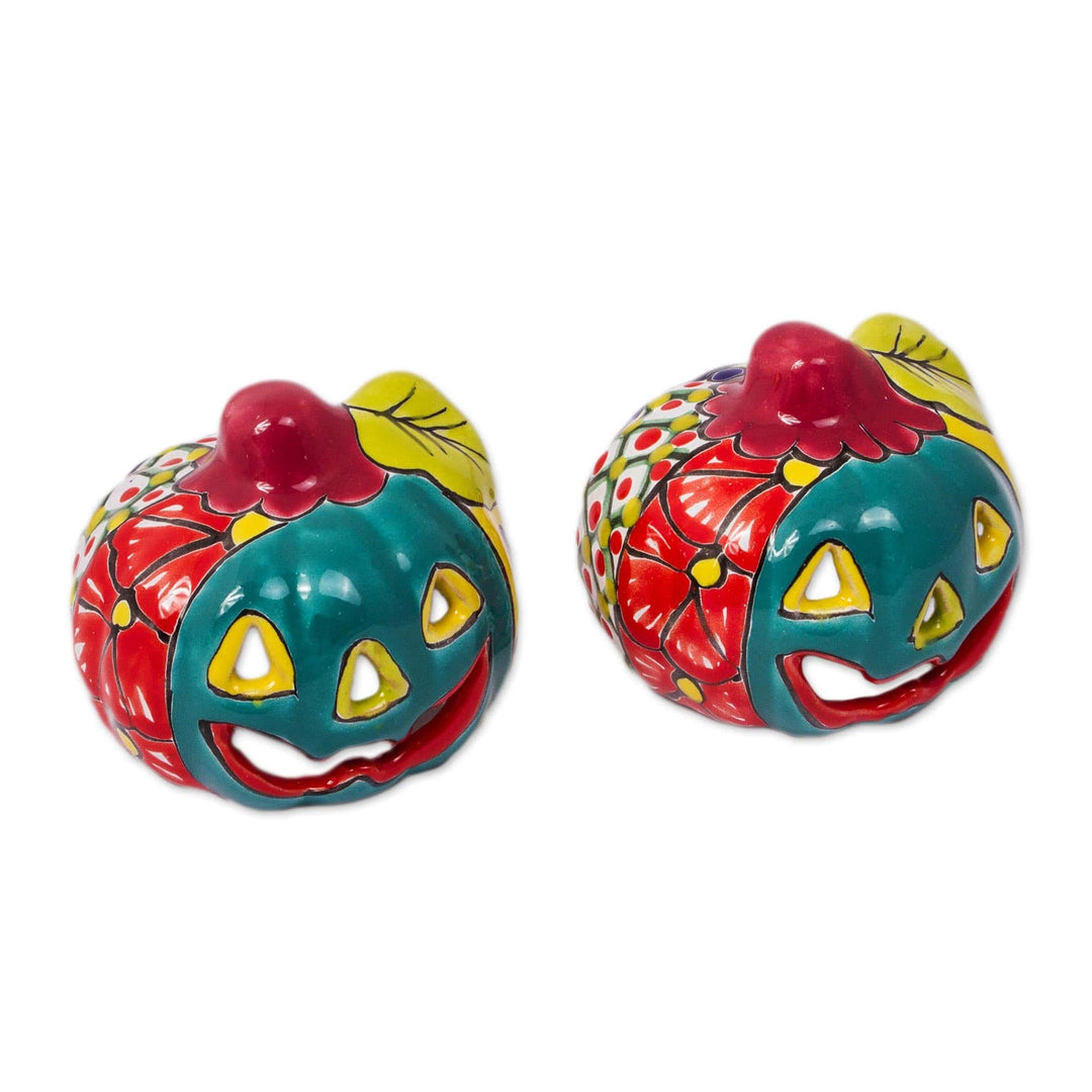 Talavera-Style Jack-O-Lantern Tealight Holders - Set of 2 - Bright Jack-O-Lantern