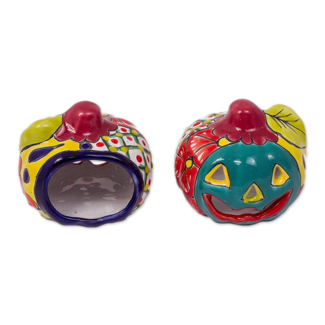 Talavera-Style Jack-O-Lantern Tealight Holders - Set of 2 - Bright Jack-O-Lantern