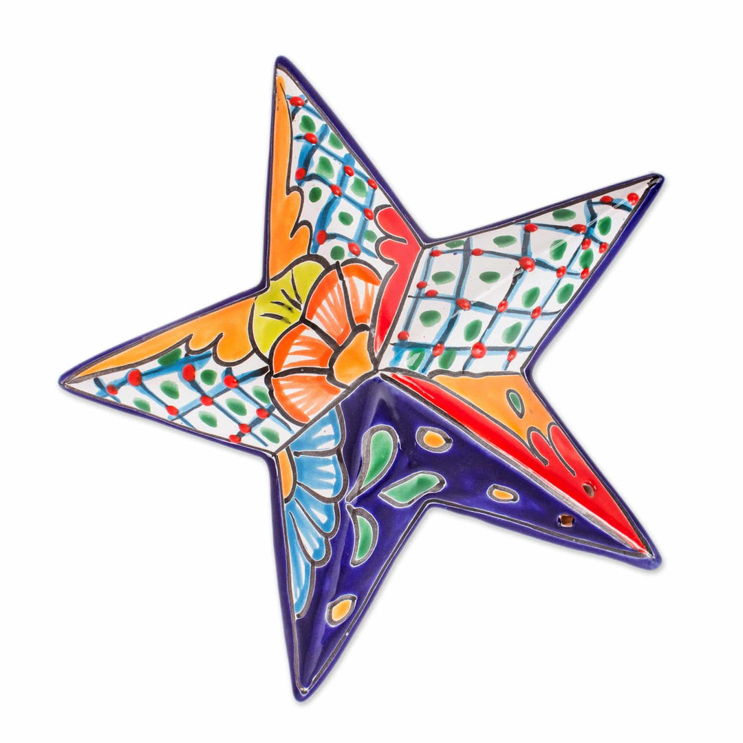 Hand-Painted Talavera-Style Ceramic Star Wall Sculpture - Talavera Star