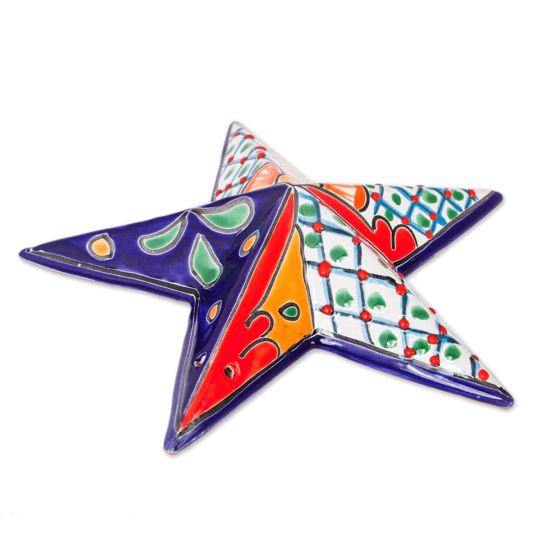 Hand-Painted Talavera-Style Ceramic Star Wall Sculpture - Talavera Star
