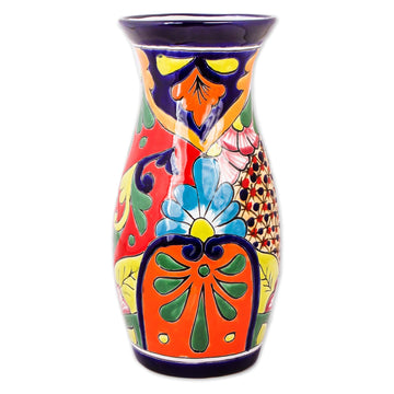 Curvy Talavera-Style Ceramic Vase Crafted in Mexico - Colorful Curves