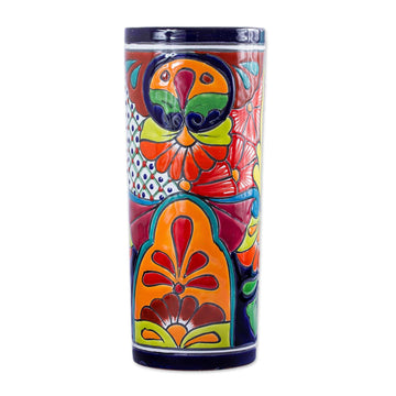 Cylindrical Talavera-Style Ceramic Vase from Mexico - Cylindrical Talavera