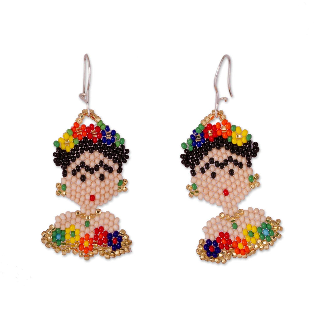 Glass Beaded Dangle Earrings - Golden Frida