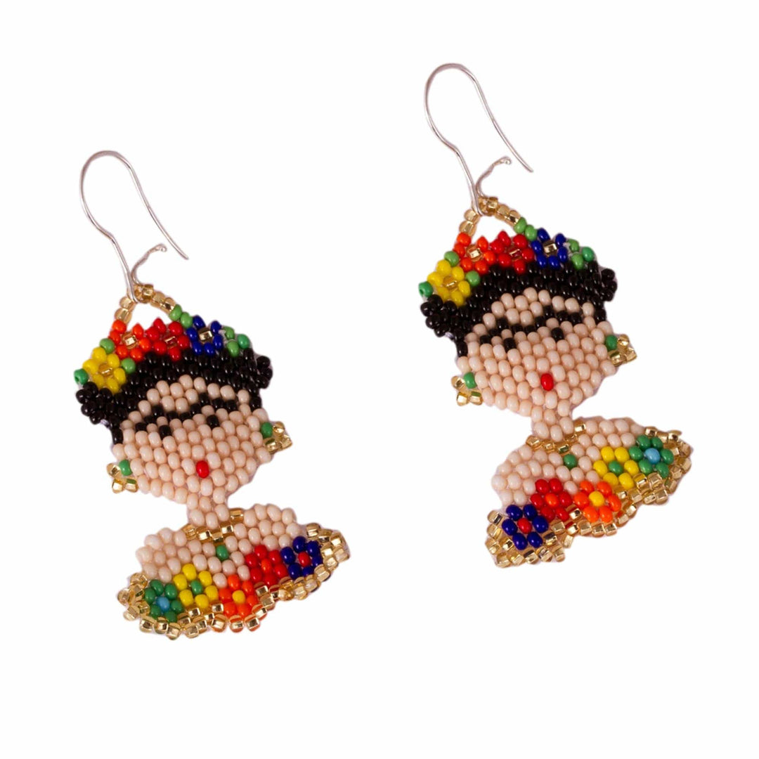 Glass Beaded Dangle Earrings - Golden Frida