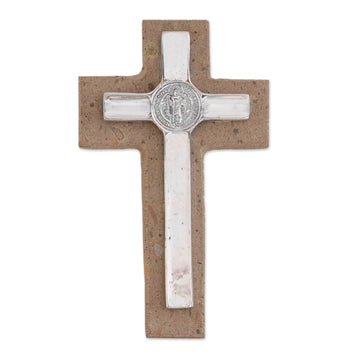 Pewter and Reclaimed Stone Wall Cross - Saint Benedict