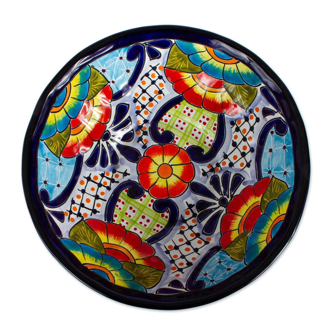 Mexican Talavera Style Ceramic Serving Bowl - Raining Flowers
