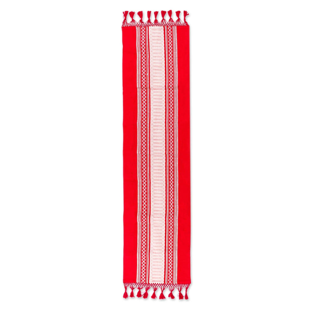 Handwoven Red and Ivory Cotton Zapotec Table Runner - Zapotec Crimson