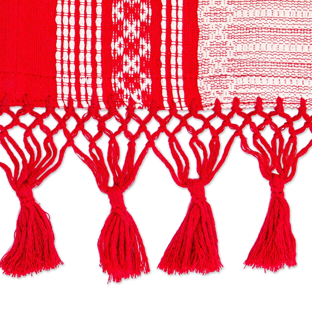 Handwoven Red and Ivory Cotton Zapotec Table Runner - Zapotec Crimson