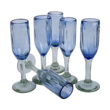 Hand Blown Blue Recycled Glass Champagne Flutes (Set of 6) - Fiesta Azul