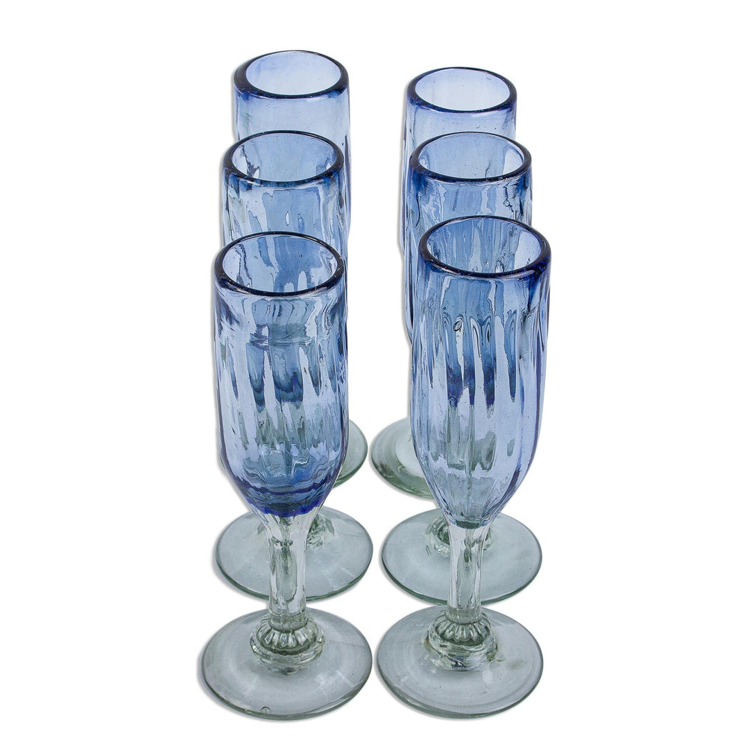 Hand Blown Blue Recycled Glass Champagne Flutes (Set of 6) - Fiesta Azul