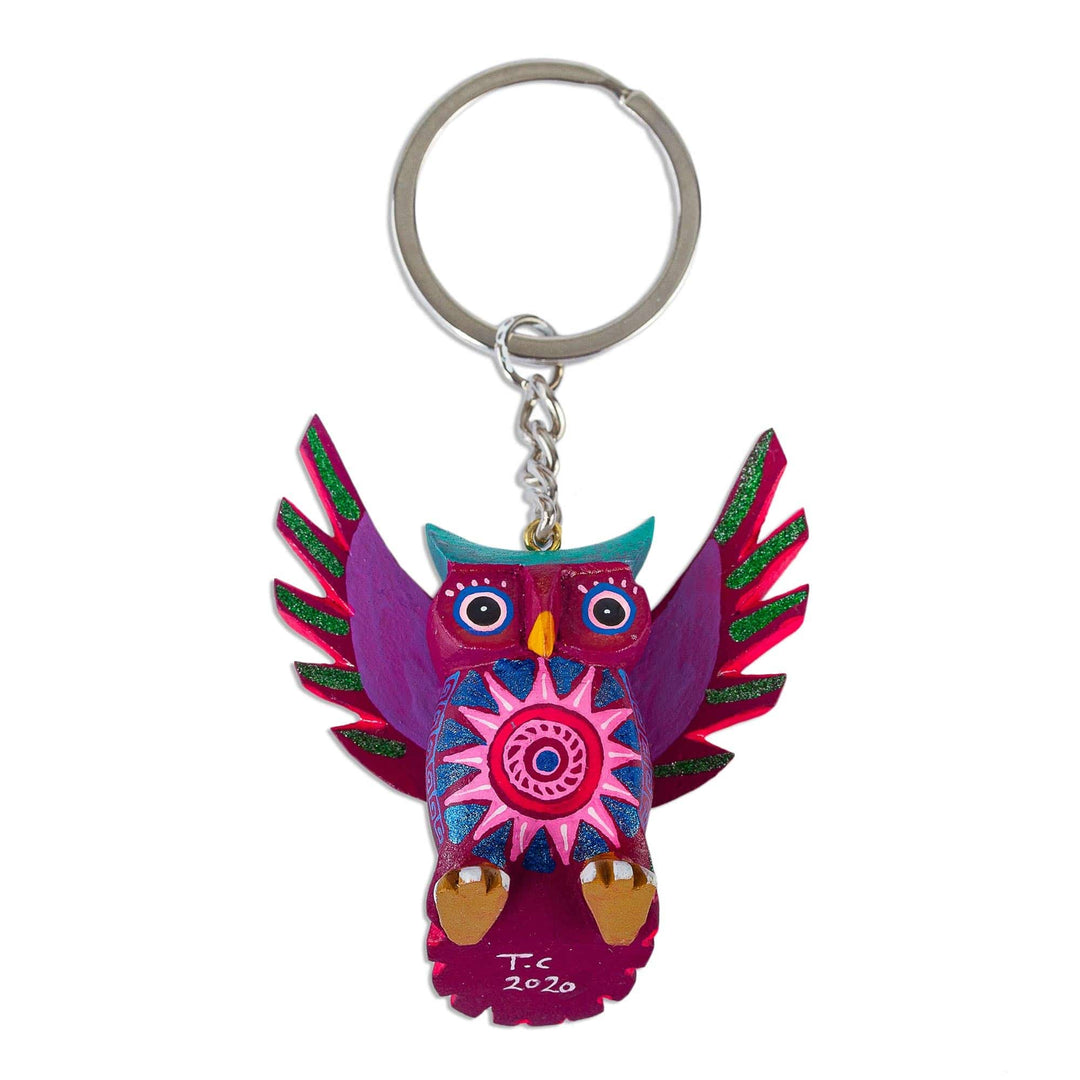 Alebrije-Style Wood Key Fob - Magenta Owl
