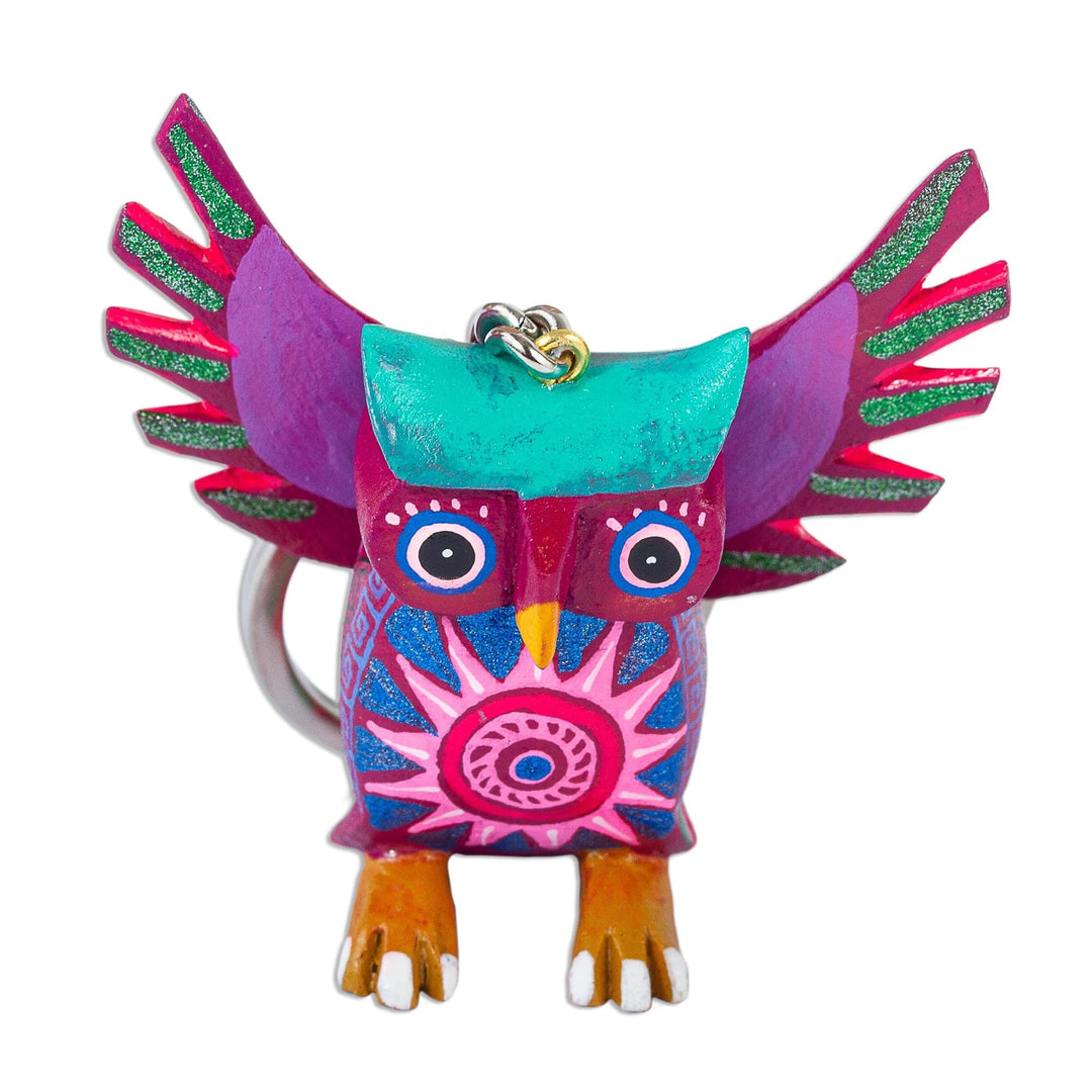 Alebrije-Style Wood Key Fob - Magenta Owl