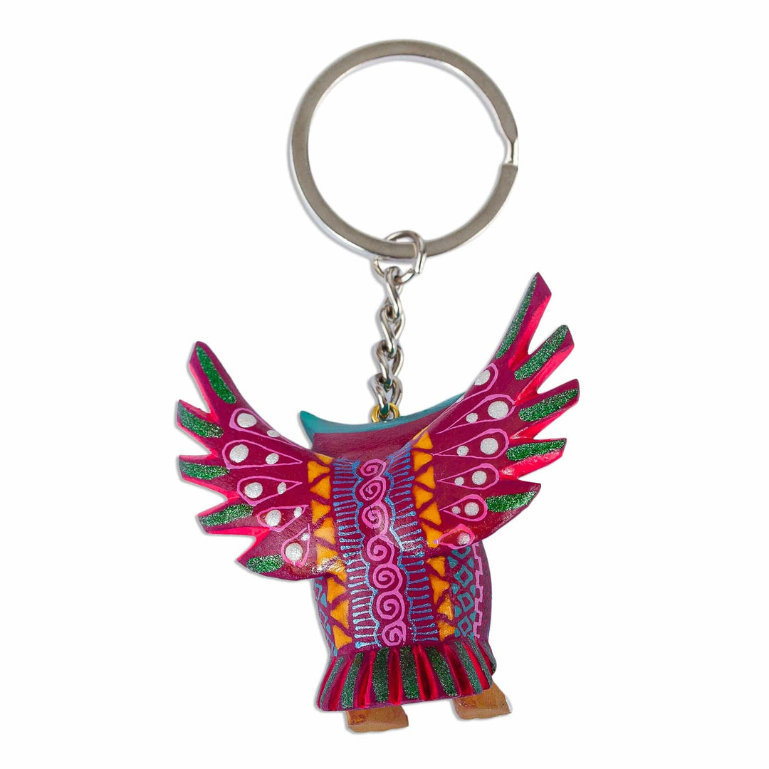 Alebrije-Style Wood Key Fob - Magenta Owl