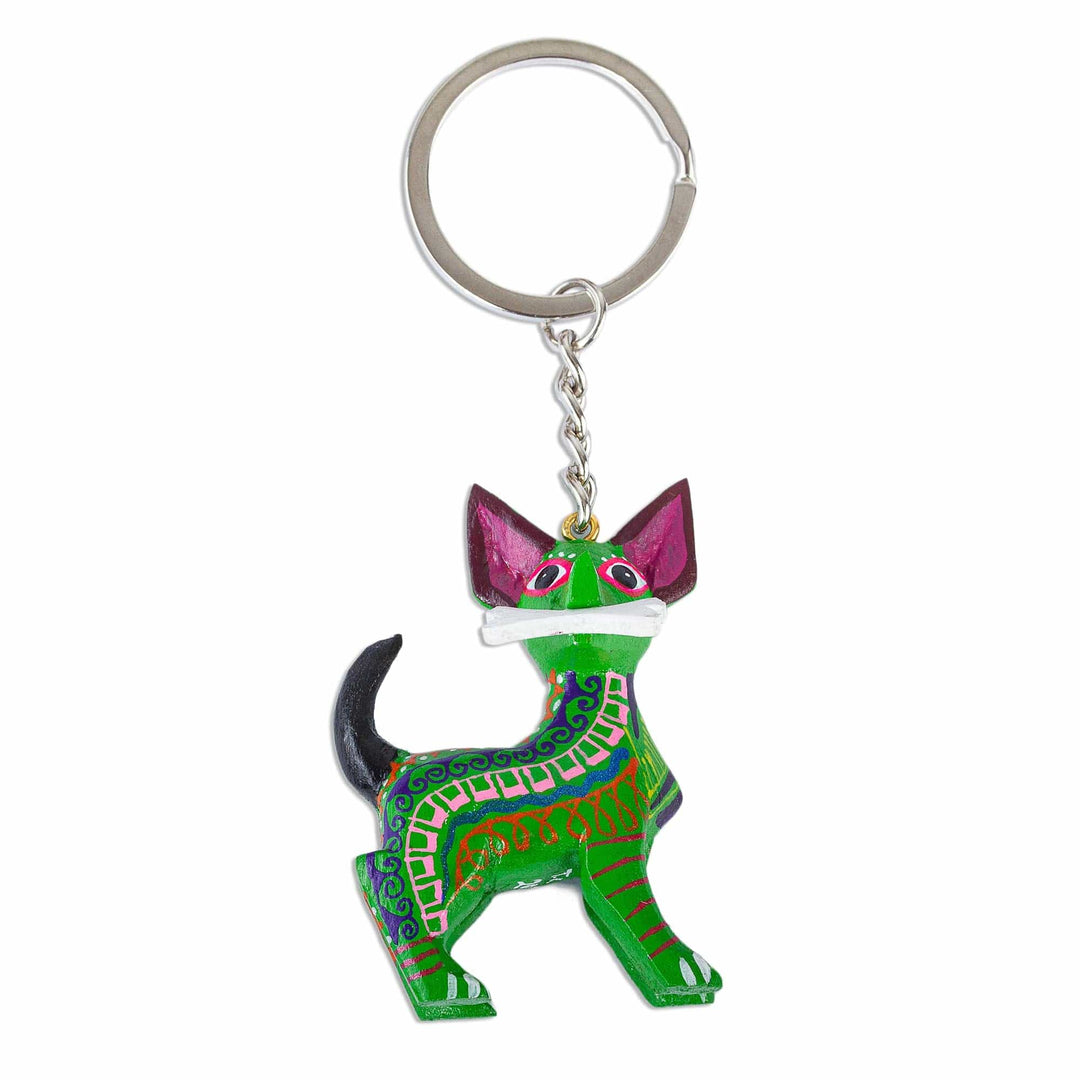 Alebrije-Style Wood Key Fob - Green Dog
