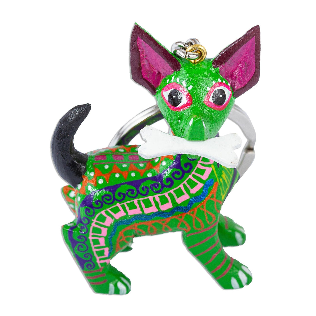 Alebrije-Style Wood Key Fob - Green Dog