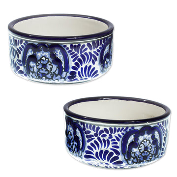 2 Blue and White Talavera Style Ceramic Dessert Bowls - Puebla Kaleidoscope