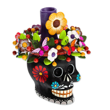 Taper Candleholder - Black Floral Skull