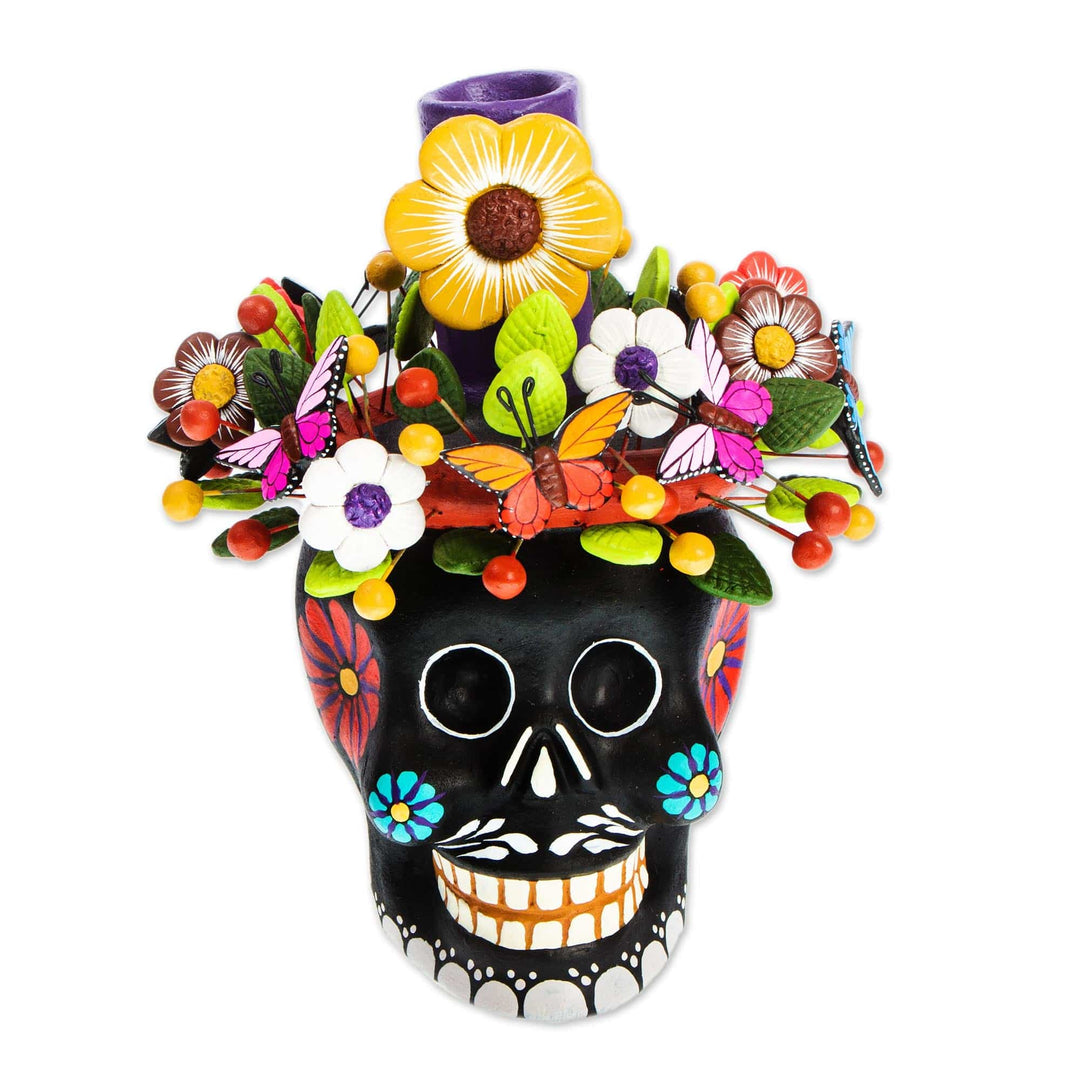 Taper Candleholder - Black Floral Skull