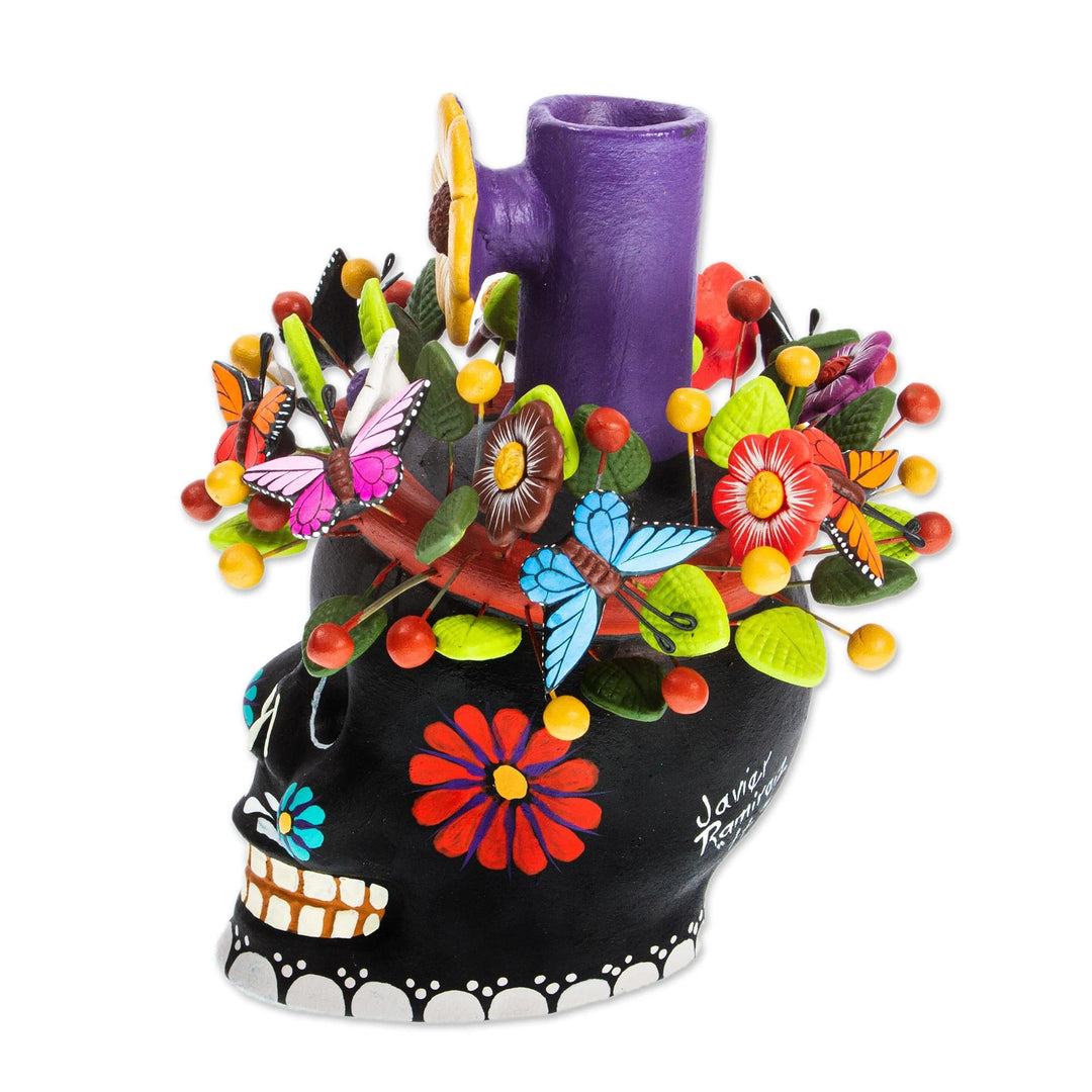 Taper Candleholder - Black Floral Skull