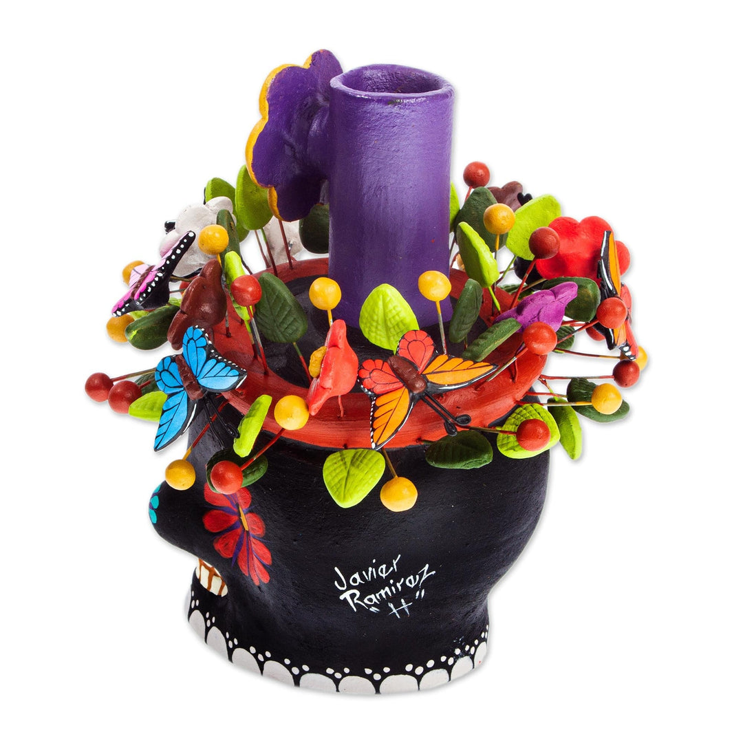 Taper Candleholder - Black Floral Skull