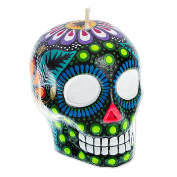 Day of the Dead Skull Candle - Colorful Black Floral Skull