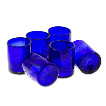 Blue Etched Hand Blown Juice Glasses (Set of 6) - Paloma Azul