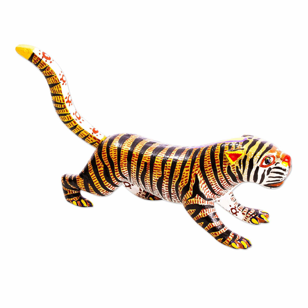Small Cedar Wood Tiger Alebrije Sculpture - Brilliant Tiger