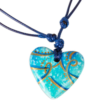 Papier Mache Blue & Aqua Golden Accent Heart Necklace - Seafoam and Sunlight