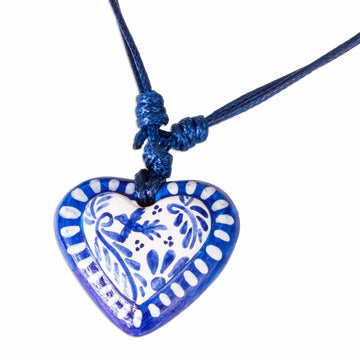 Blue & White Talavera Style Papier Mache Heart Necklace - Talavera Heart