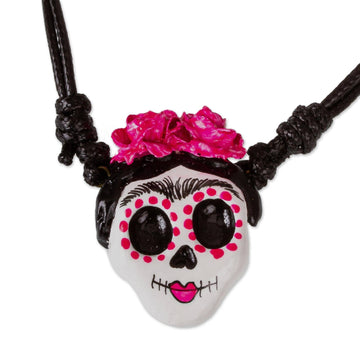Handpainted Paper Pulp Pendant Necklace - Starry-Eyed Skull