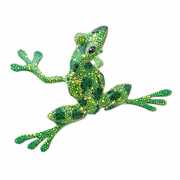 Handmade Wood Green Frog Alebrije Sculpture from Mexico - Green Tree Frog