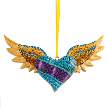 Alebrije Winged Heart Copal Wood Ornament from Mexico - Winged Turquoise Heart