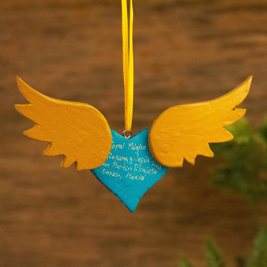Alebrije Winged Heart Copal Wood Ornament from Mexico - Winged Turquoise Heart