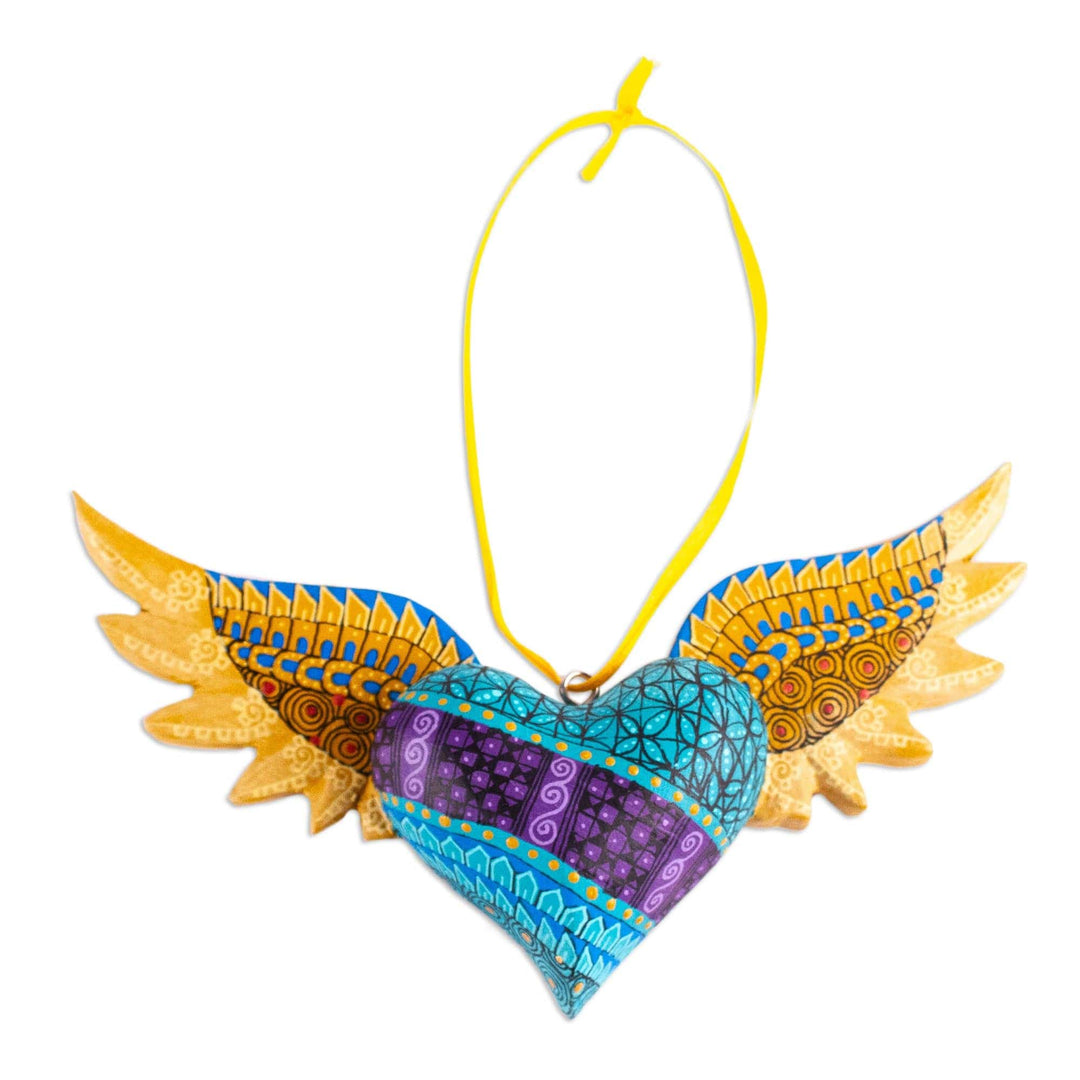 Alebrije Winged Heart Copal Wood Ornament from Mexico - Winged Turquoise Heart