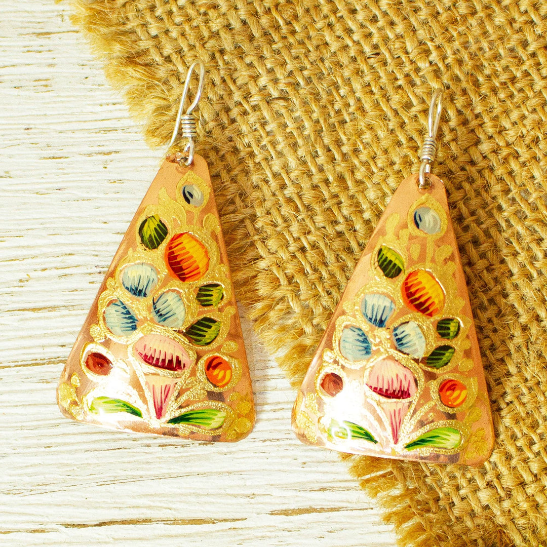 Reclaimed Copper Earrings - Floral Pyramid