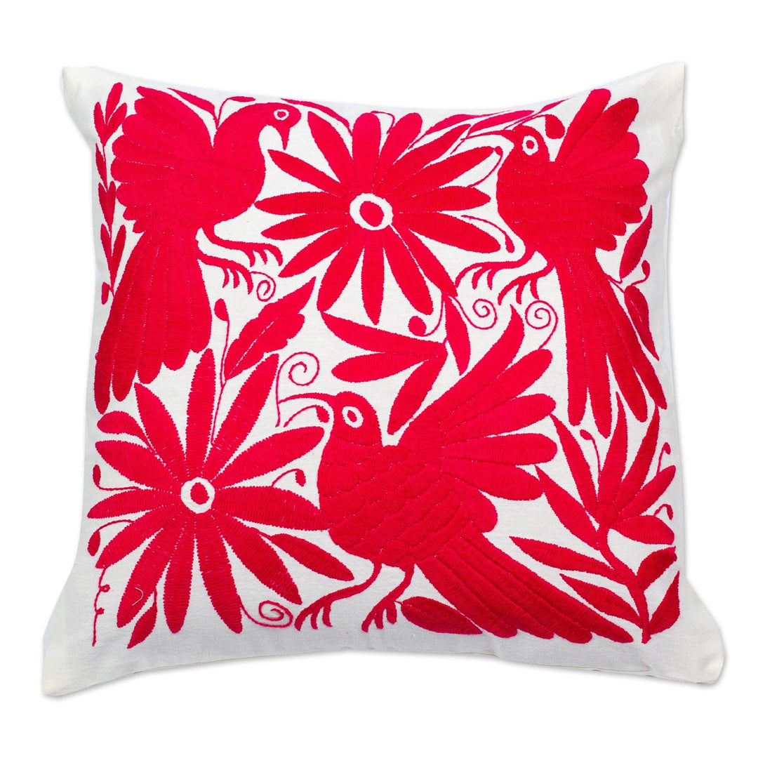 Cotton Tenango Cushion Cover Embroidered in Ruby with Zipper - Tenango in Ruby