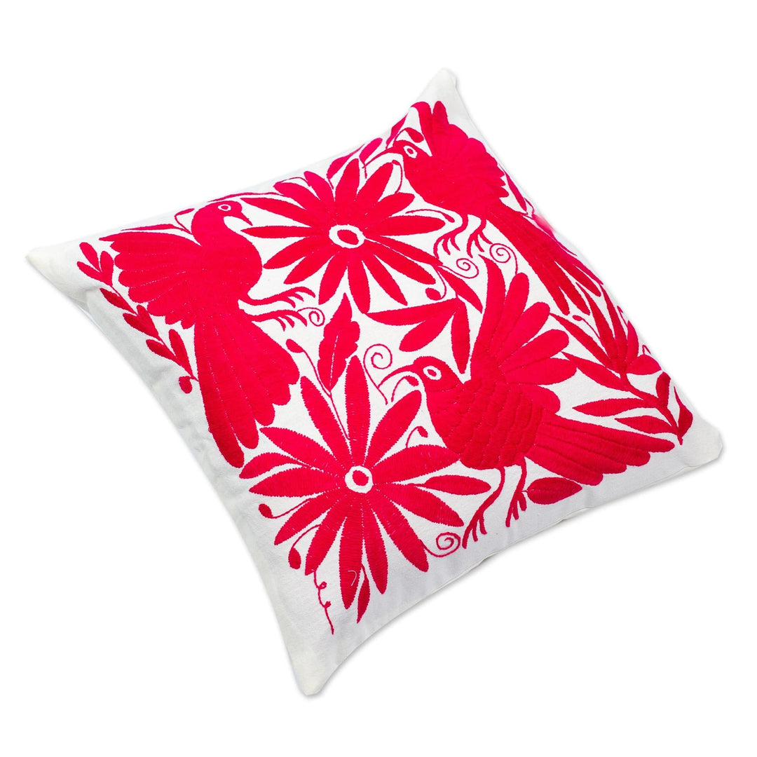 Cotton Tenango Cushion Cover Embroidered in Ruby with Zipper - Tenango in Ruby