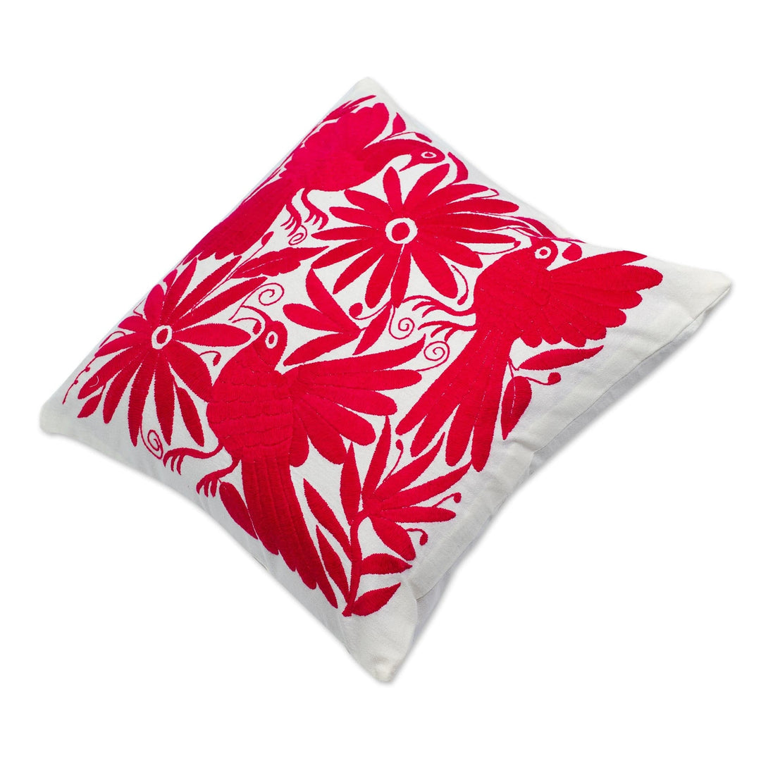 Cotton Tenango Cushion Cover Embroidered in Ruby with Zipper - Tenango in Ruby