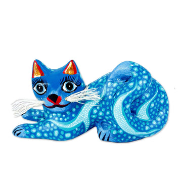 Blue and Turquoise Whiskered Cat Alebrije from Oaxaca - Blue Pouncing Cat