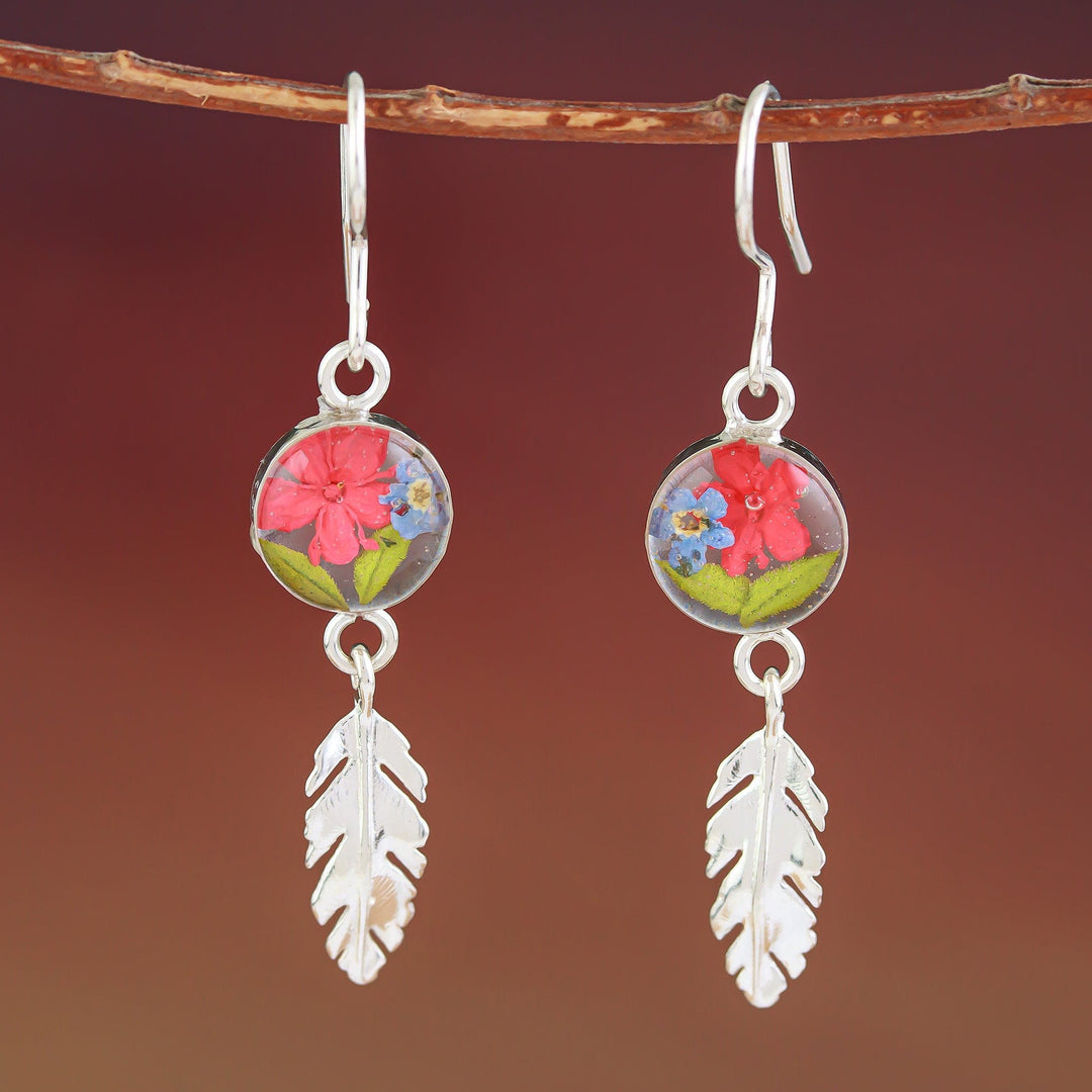 Sterling Silver and Dried Flower Dangle Earrings - Anahuac Red