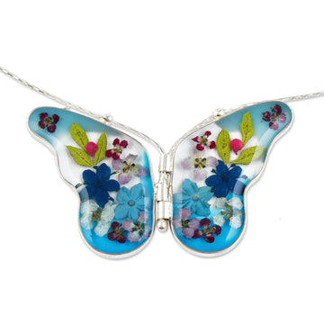 Sterling Silver and Dried Flower Blue Butterfly Necklace - Blue Mexican Butterfly