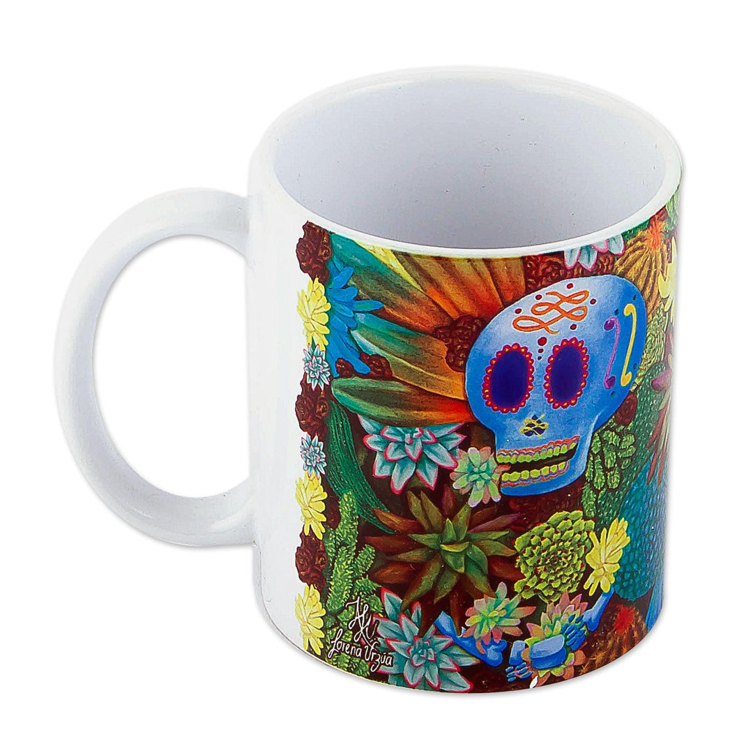 Handpianted Printed Ceramic Coffee Cup with Blue Skull Image - Death to Life