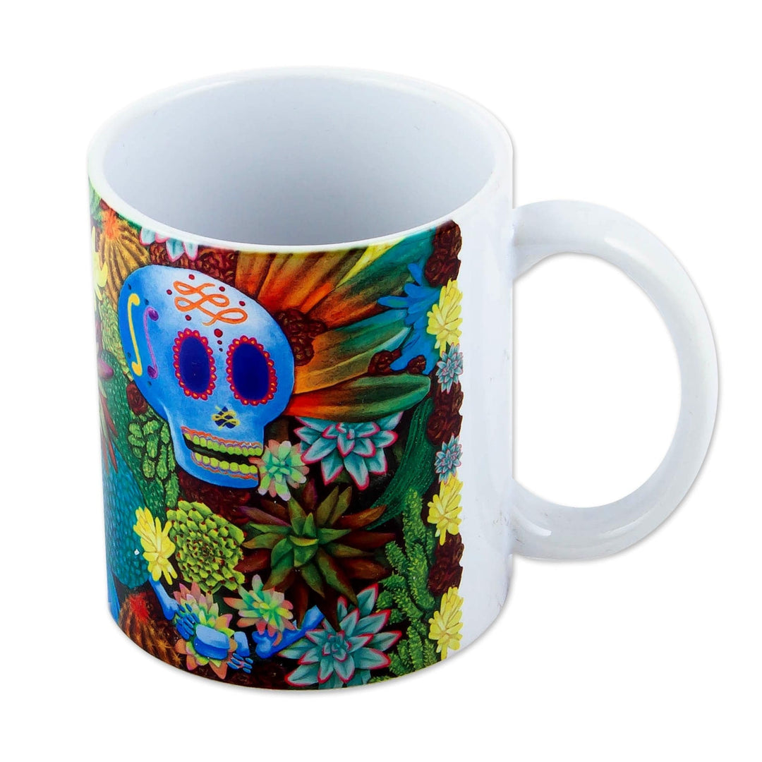 Handpianted Printed Ceramic Coffee Cup with Blue Skull Image - Death to Life